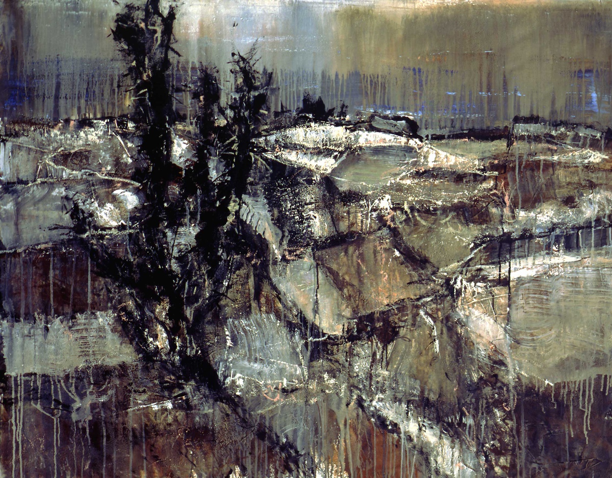 “Land”, 2004, 110 x 140 cm. Akryl, olie og sand på lærred. (Carsten Frank nr. 949) Sold