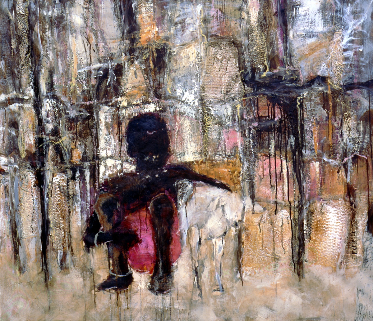 ”Masai” 2003, 120 x 140 cm. Akryl, olie sand og håndgjort papir på lærred. (Carsten Frank nr. 767) Sold