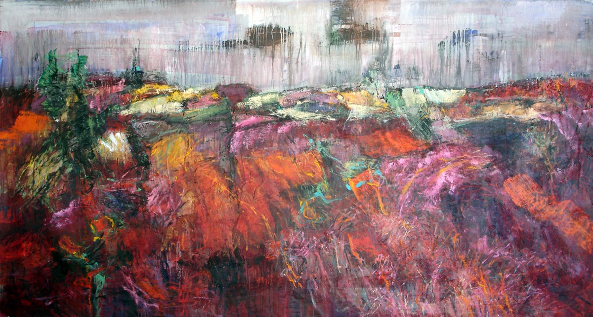 “Det røde land”, 2005, 135 x 255 cm. Akryl, olie og sand på lærred. (Carsten Frank nr. 1087) Sold