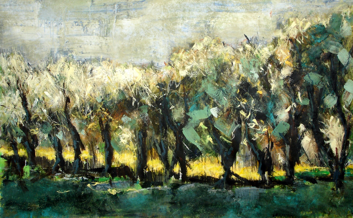 “Oliventræer i blomst”, 2006, 120 x 200 cm. Akryl, olie og sand på lærred. (Carsten Frank nr. 1162) Sold