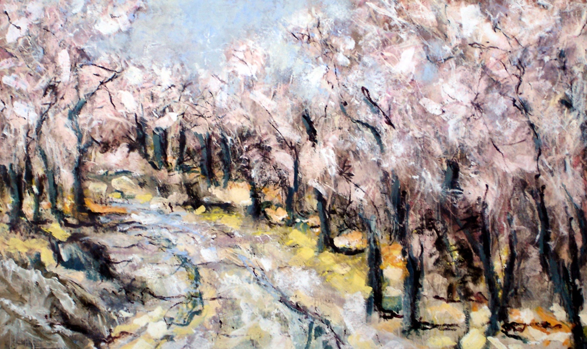 “Mandeltræer i blomst”, 2006, 120 x 200 cm. Akryl, olie og sand på lærred. (Carsten Frank nr. 1163) Sold