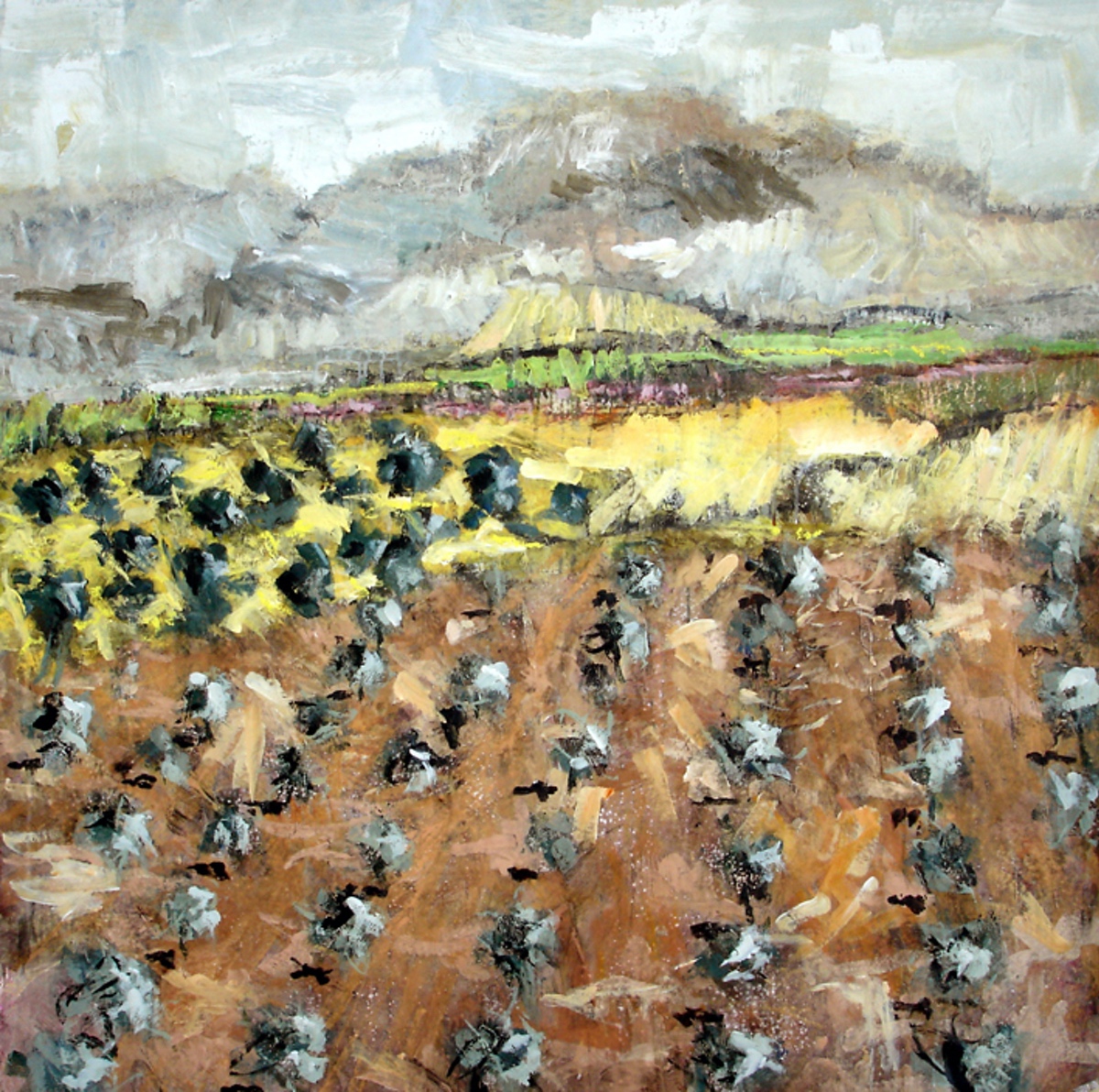 “Olivenland”,  2006, 120 x 120 cm. Akryl, olie og sand på lærred. (Carsten Frank nr. 1168) Sold