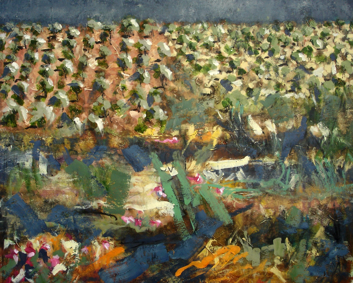 “Olivennat”, 2007, 80 x 100 cm. Akryl, olie og sand på lærred. (Carsten Frank nr. 1191) Sold