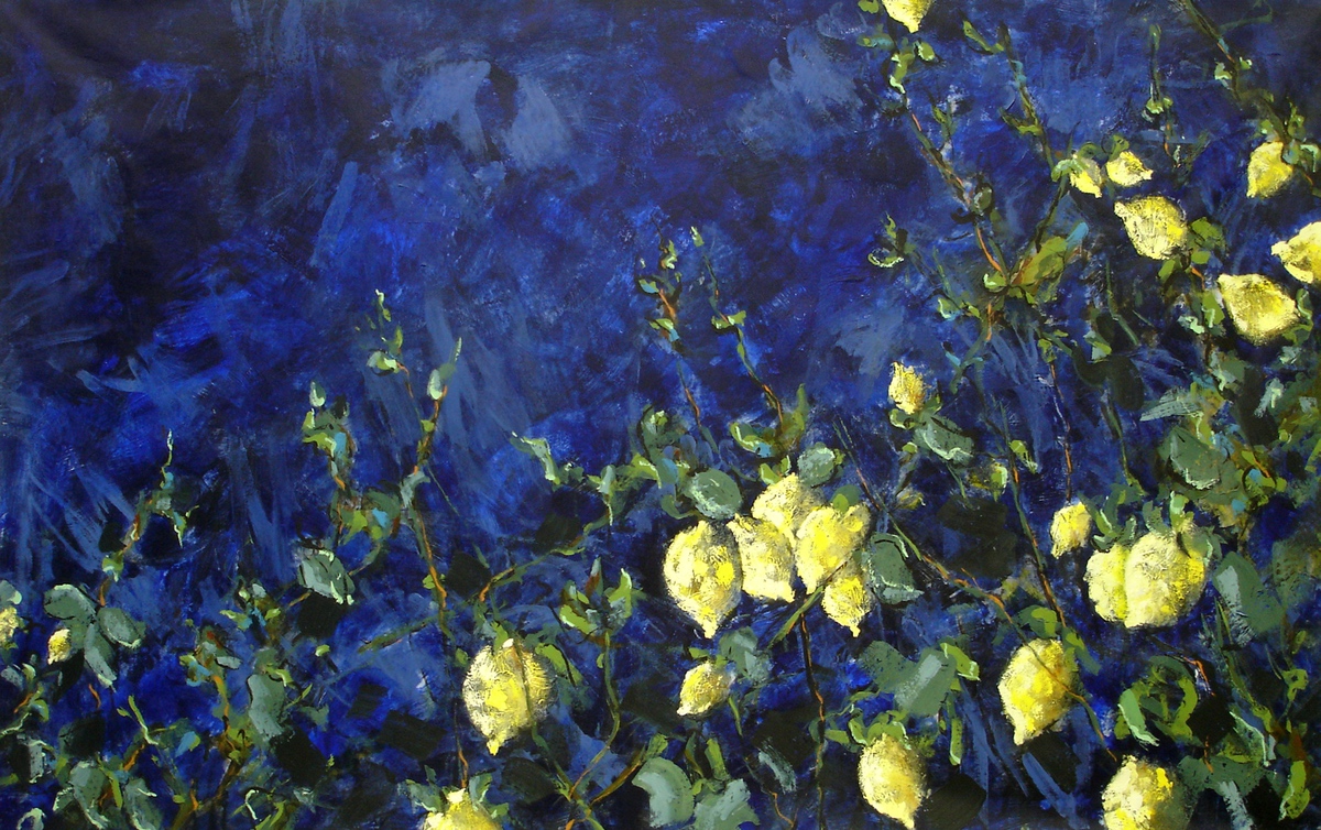 “Citroner om natten”,  2007, 120 x 202 cm. Akryl og sand på lærred. (Carsten Frank nr. 1249) Sold