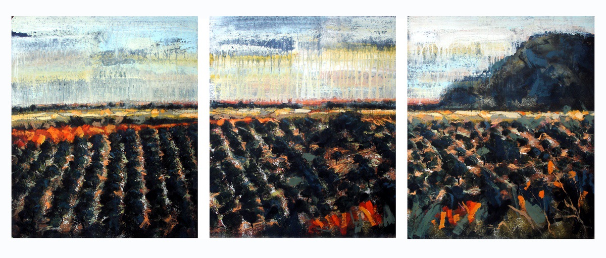 “Solnedgangsolivenland”, 2007, Triptycon, 70 x 180 cm. Akryl, olie og sand på lærred. (Carsten Frank nr. 1258 – 1259 - 1260) Sold