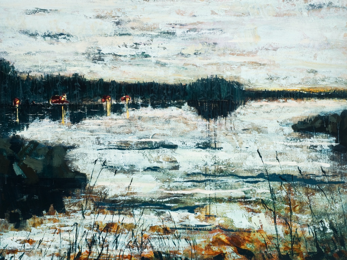 “Aften ved Falun, Varpansøen II”, 2007, 120 x 160 cm. Akryl på lærred. (Carsten Frank nr. 1256) Sold