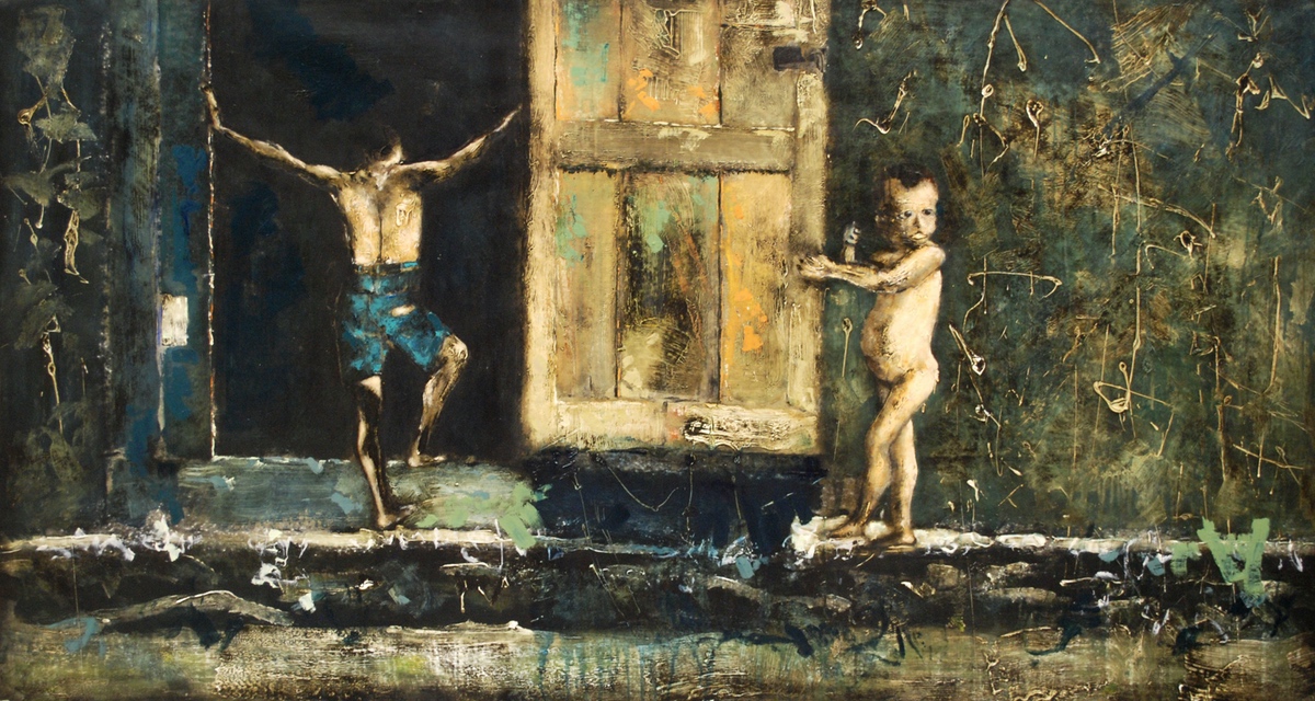 “Barndommens rum – flugten til et bedre liv”, 2011, 86 x168 cm. Akryl på lærred. (Carsten Frank nr. 1476) Sold