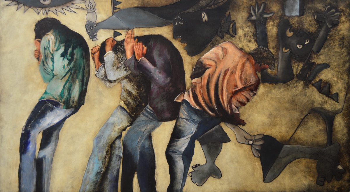 “Four young Men threatened by War”, 2014/2015, 110 x 200 cm. Akryl på lærred. (Carsten Frank nr. 1691) Sold