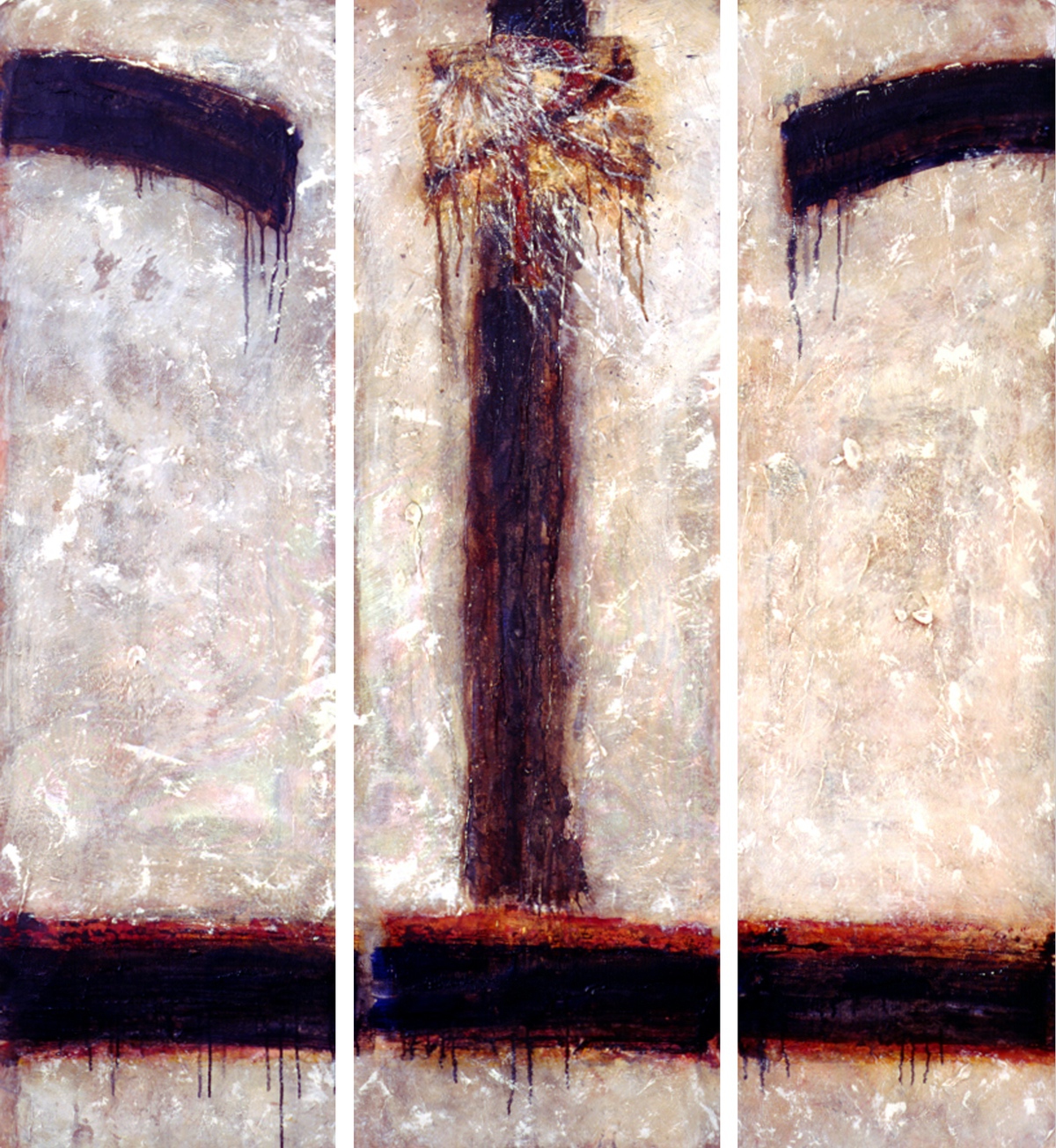 “Af jord“, Tripticon, 2002, 3 x 150 x 40 / 150 x 120 cm. Akryl, olie og sand på lærred. (Carsten Frank nr. 753)
