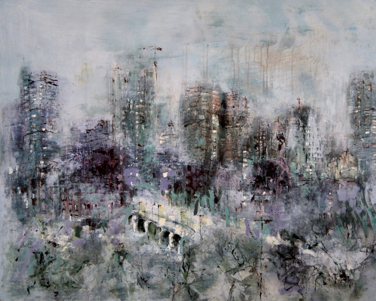 “Misty downtown“, 90 x 112 cm. 2019 Akryl på lærred (Carsten Frank 1933 1a) Sold