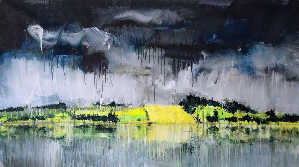 “Sommerregn og solstrejf“,  2013, 110 x 200 cm. Akryl på lærred. (Carsten Frank nr. 1621) Sold
