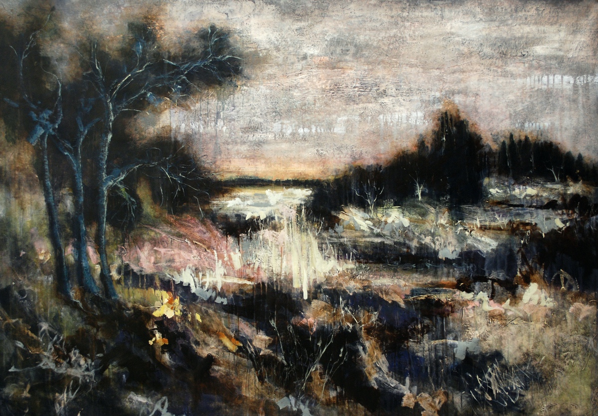 “Aftenlandet i Vesten” 2014, 120 x 175 cm. Akryl på lærred. (Carsten Frank nr. 1650) Sold