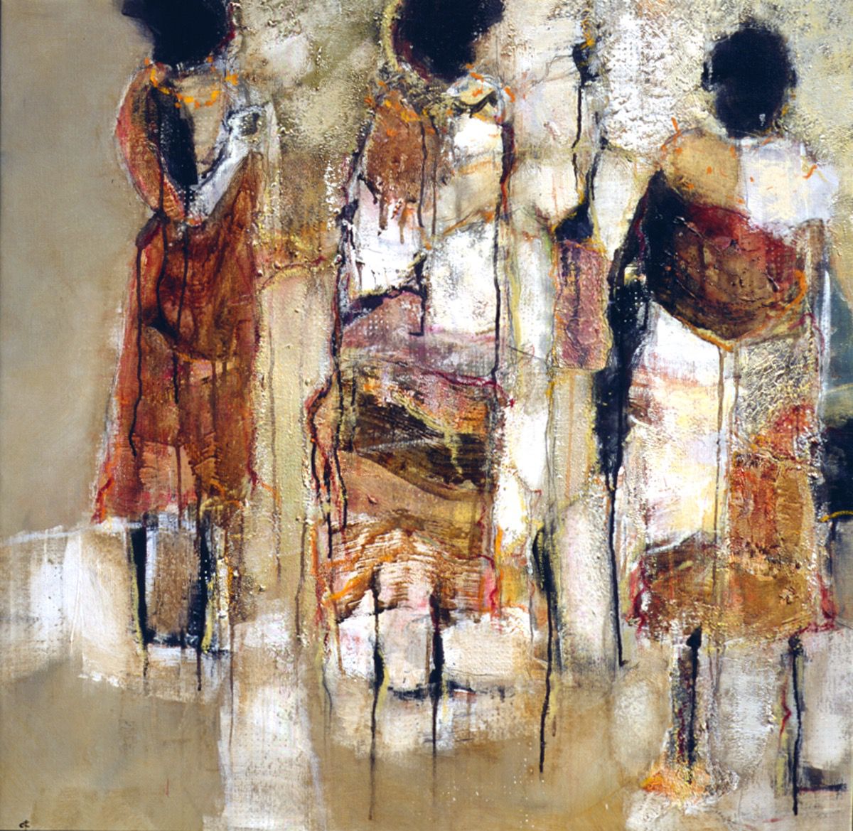 ”Masai” 2002, 100 x 100 cm. Akryl, olie, sand og håndgjort papir på lærred. (Carsten Frank nr. 676) Sold