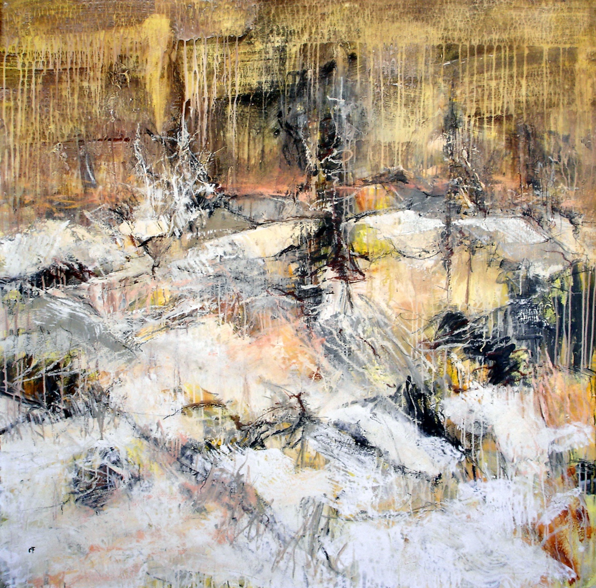 “Snevejr“, 2005, 135 x 135 cm. Akryl, olie og sand på lærred. (Carsten Frank nr. 1082) Sold