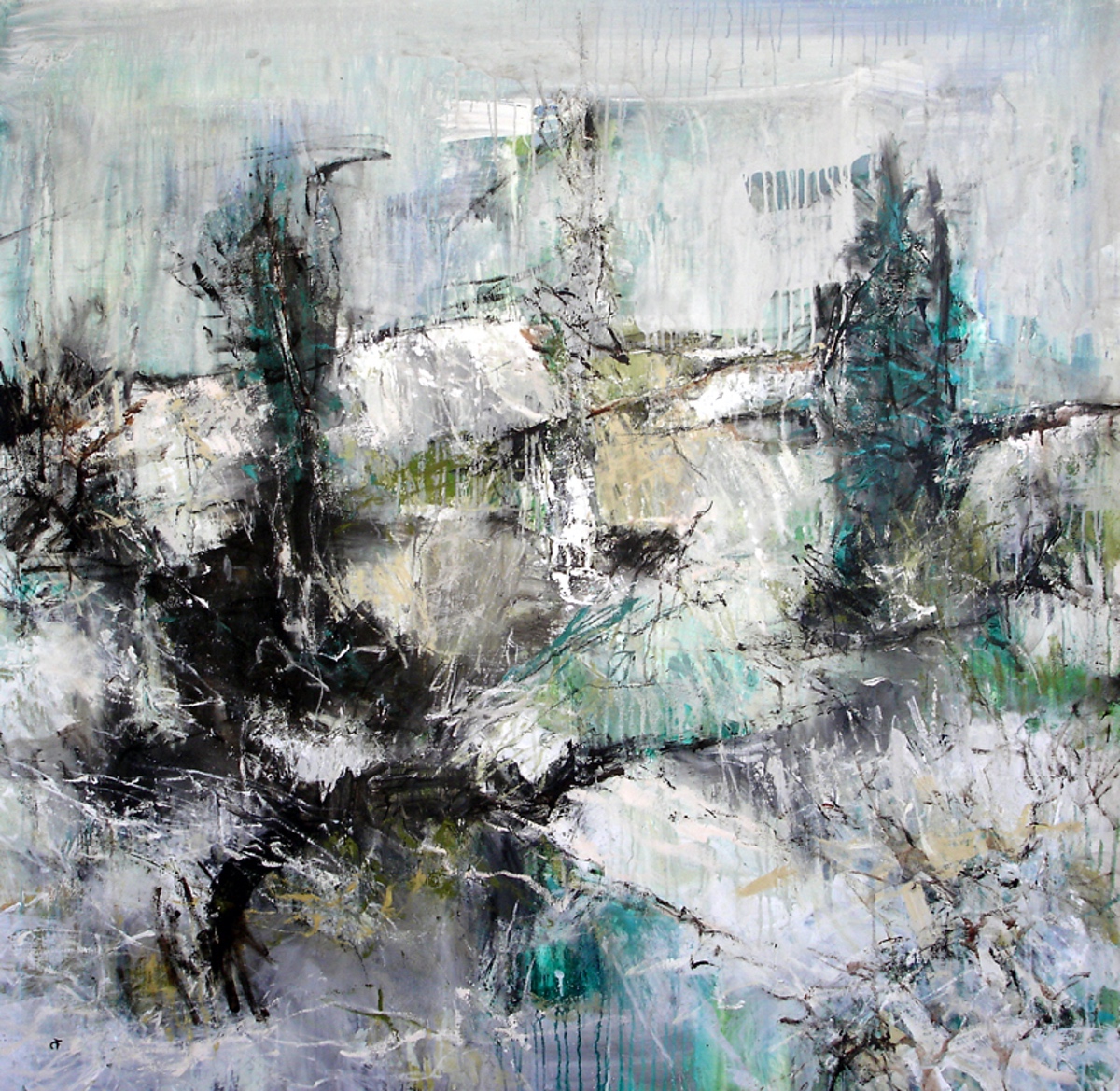 “Frostvejr”, 2005. 135 x 135 cm. Akryl, olie og sand på lærred. (Carsten Frank nr. 1083) Sold