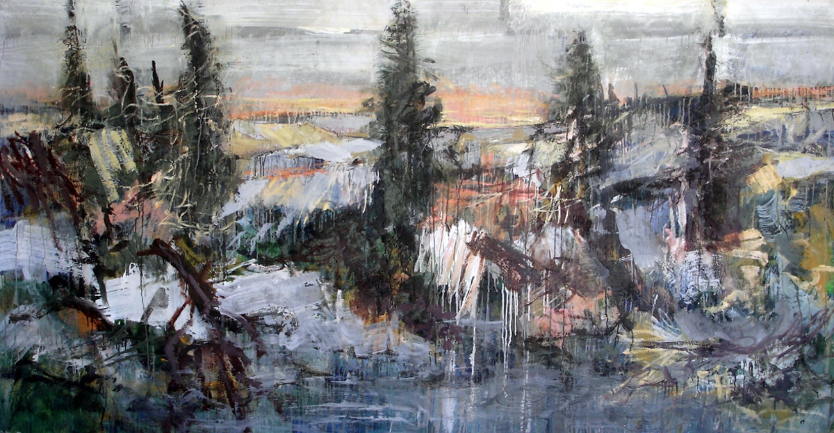 “Stille vinterlys”, 2005, 135 x 255 cm. Akryl, olie og sand på lærred. (Carsten Frank nr. 1085) Sold