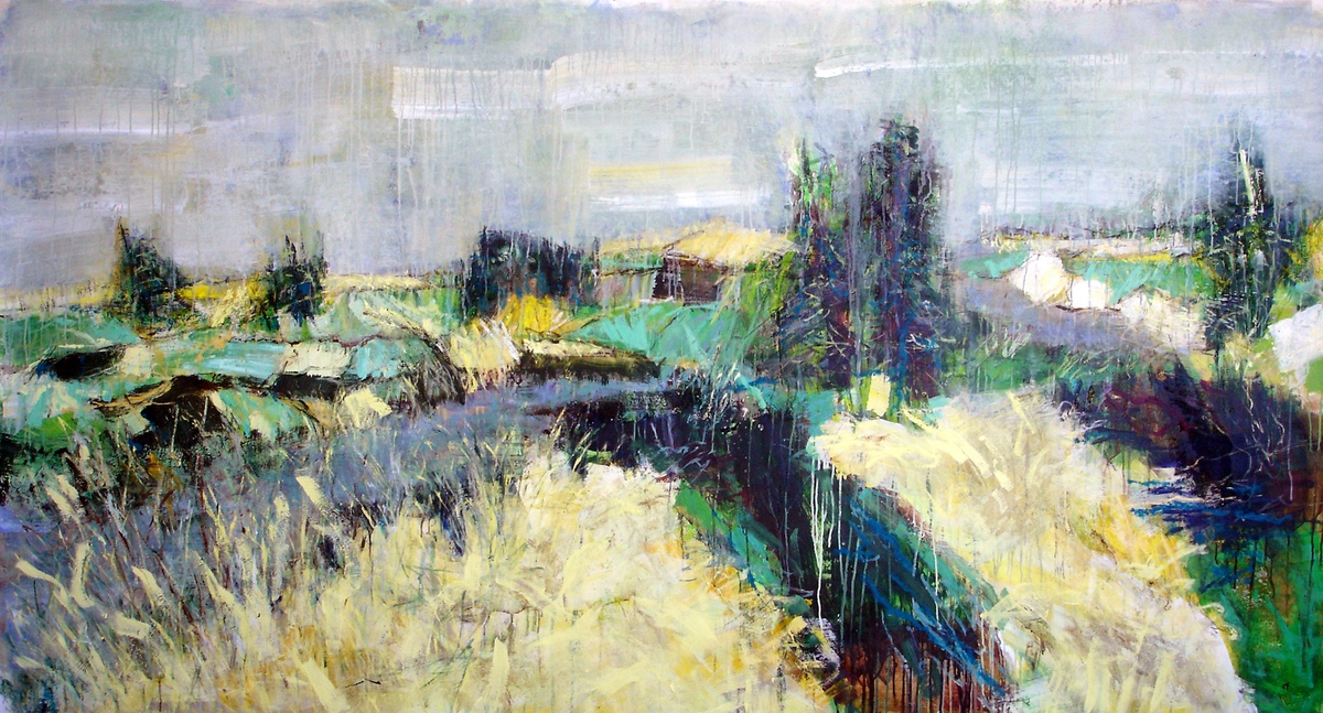 “Det lyse sommerland”, 2005. 135 x 255 cm. Akryl, olie og sand på lærred. (Carsten Frank nr.1086) Sold