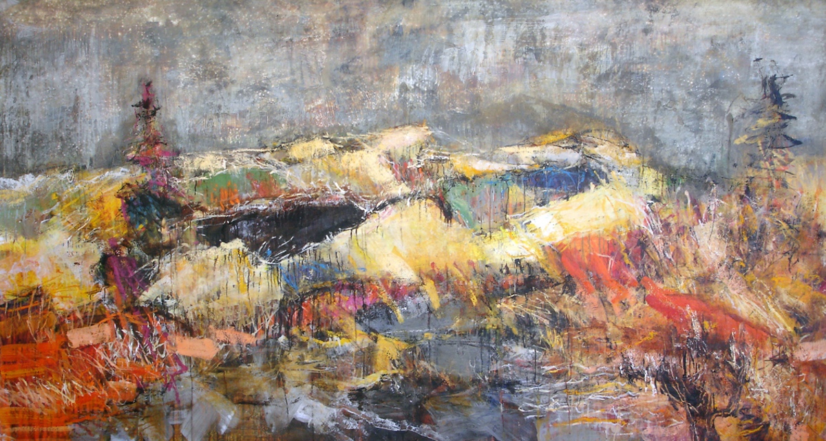 “Det gule land”, 2005, 135 x 255 cm. Akryl, olie og sand på lærred. (Carsten Frank nr. 1088) Sold