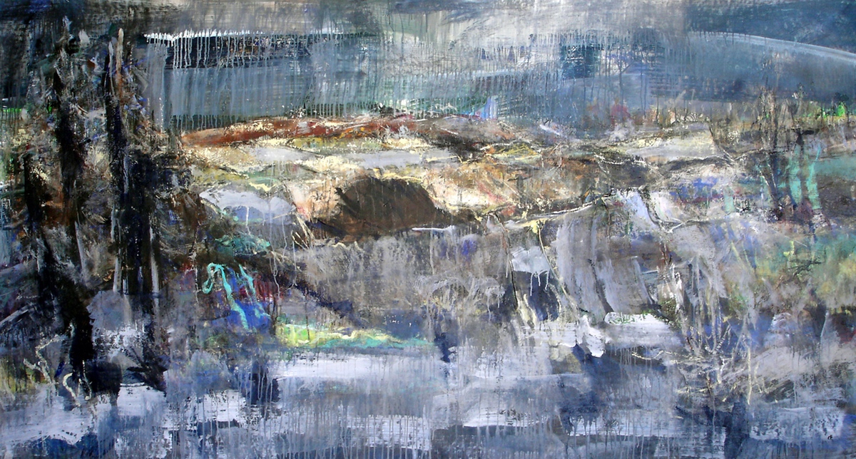 “På vej ind i novemberregn”, 2005, 135 x 255 cm. Akryl, olie og sand på lærred. (Carsten Frank nr. 1089) Sold