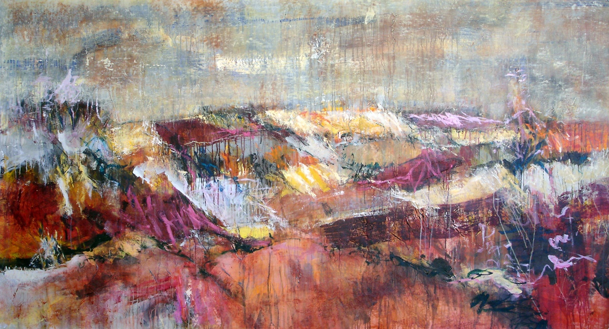“Under septemberhimlens tag”, 2005, 135 x 255 cm. Akryl, olie og sand på lærred. (Carsten Frank nr. 1090) Sold