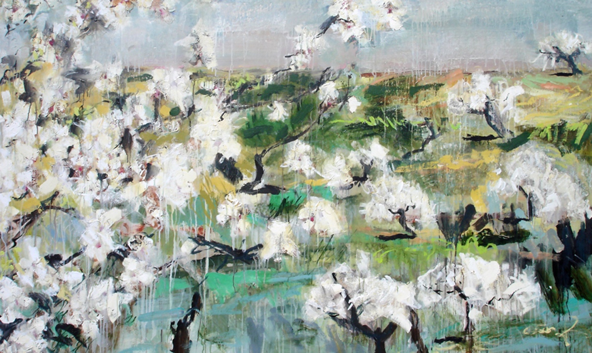 “Slette med blomstrende mandel, Alpujarras” , 2007, 120 x 204 cm. Akryl, olie og sand på lærred. (Carsten Frank nr. 1217) Sold