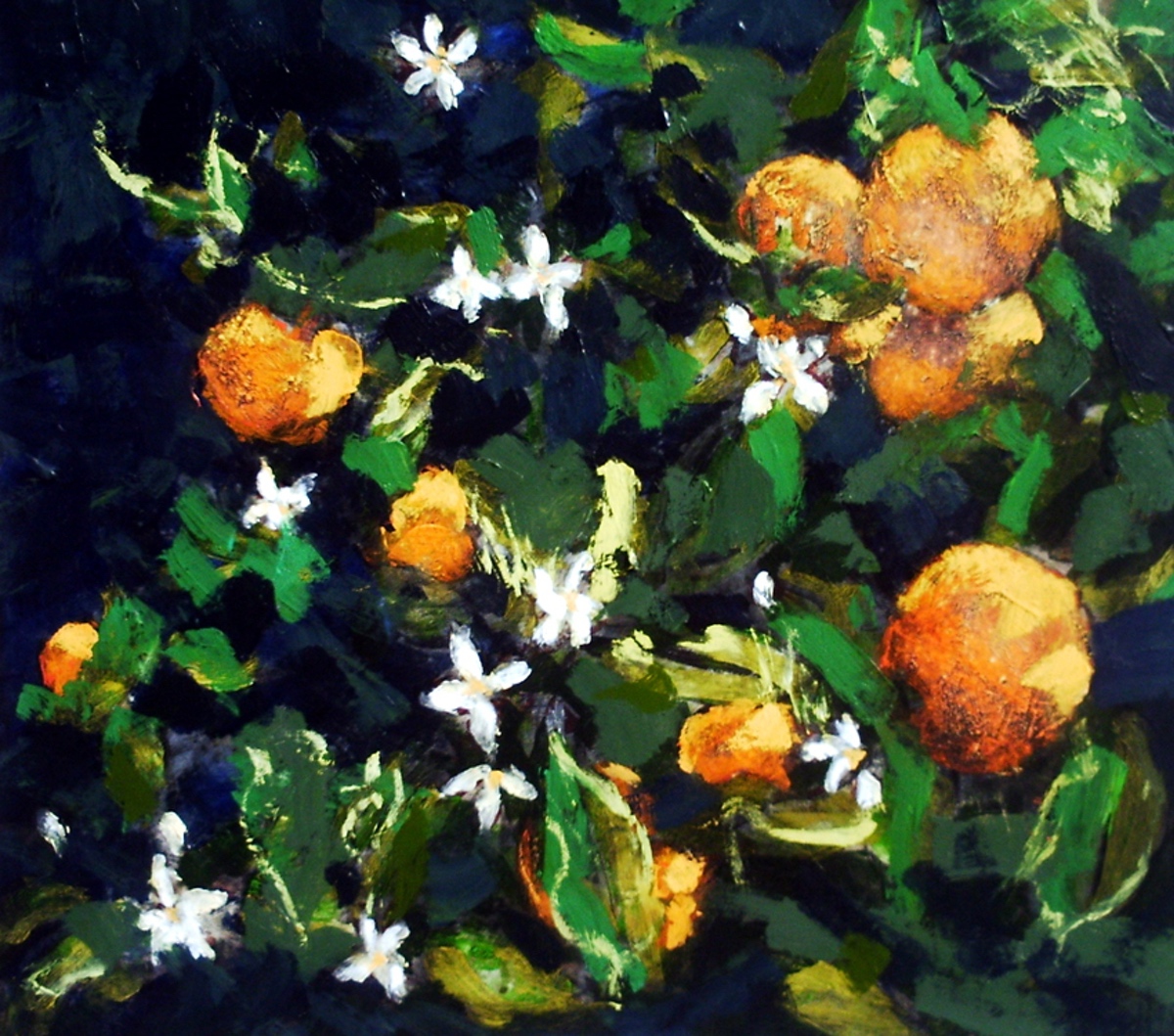 “Orangenat”, 2007, 40 x 45 cm. Akryl, olie og sand på lærred. (Carsten Frank nr. 1261) Sold