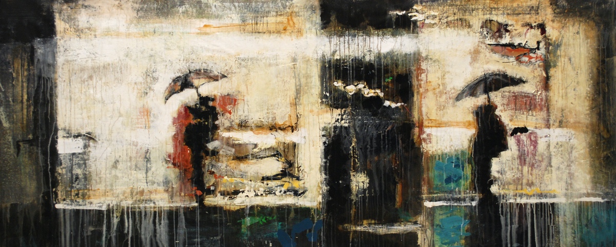 “Gadens rum – i aftenbyens regn”, 2011, 100 x 250 cm. Akryl og shellak på lærred. (Carsten Frank nr. 1469) Sold