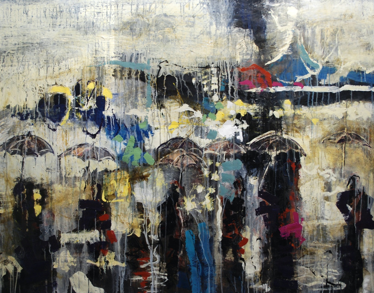 “Storbyens rum – tanken om det private under en paraply”, 2011, 100 x 130 cm. Akryl på lærred. (Carsten Frank nr. 1471 Sold