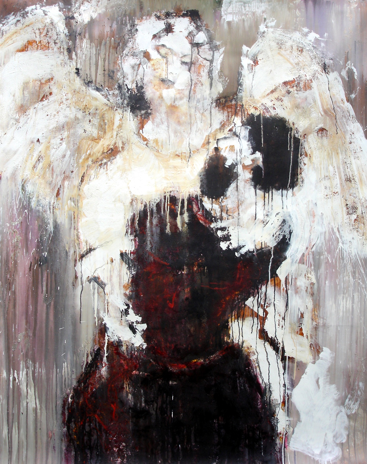 “Jakobs kamp med englen”, 2005, 162 x 130 cm. Acryl, olie og sand på lærred. (Carsten Frank nr. 1080) Sold