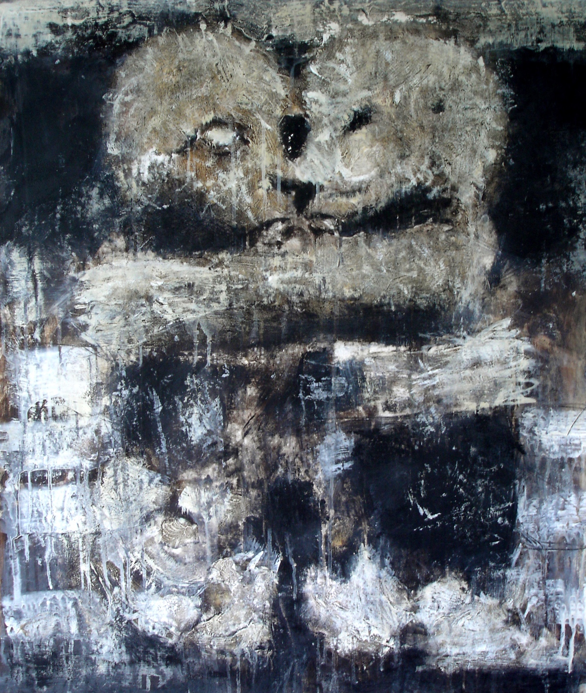 “Omfavnelse”, Fra Alnay-kirken, 2005, 81 x 65 cm. Akryl, olie og sand på lærred. (Carsten Frank nr. 1094) Privat