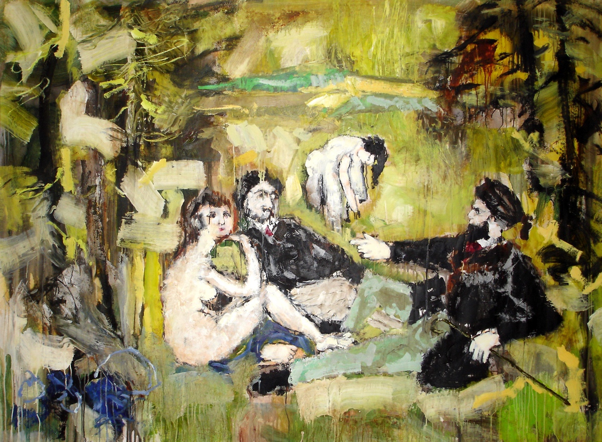 “Frokost i det grønne”, 2006, 150 x 204 cm. Efter Manet. Akryl, olie og sand på lærred. (Carsten Frank nr. 1134)