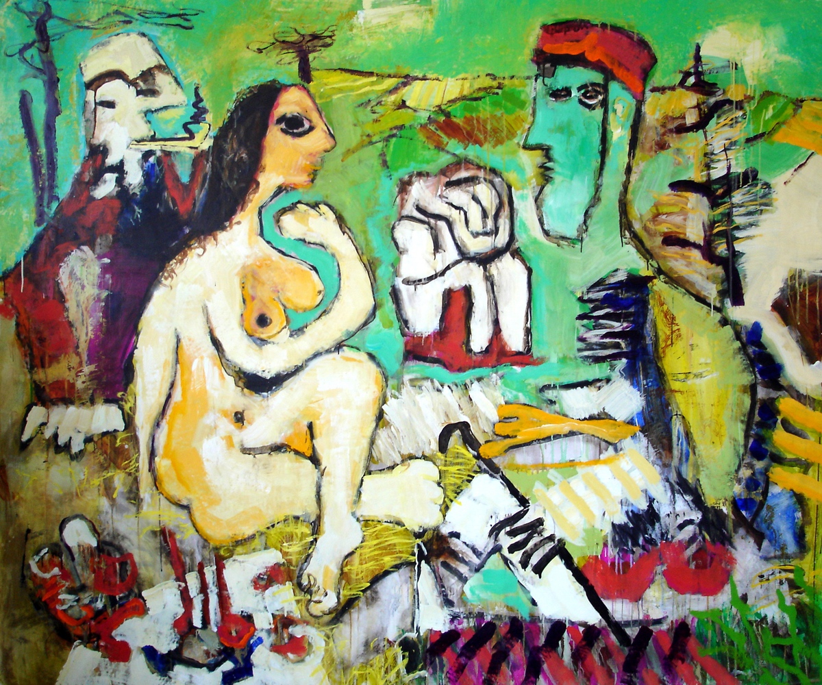 “Frokost i det grønne”, Efter Picasso, 2006, 150 x 180 cm.  Akryl, olie og sand på lærred. (Carsten Frank nr. 1135)
