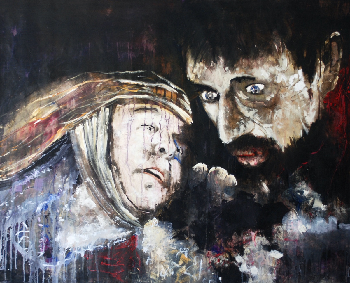 ”Hamlets opgør med moderen” I ”Fra dommedagsscenen - Hamlet” (”Family life”), 2010, 100 x 130 cm. Akryl på lærred. (Carsten Frank nr. 1437)