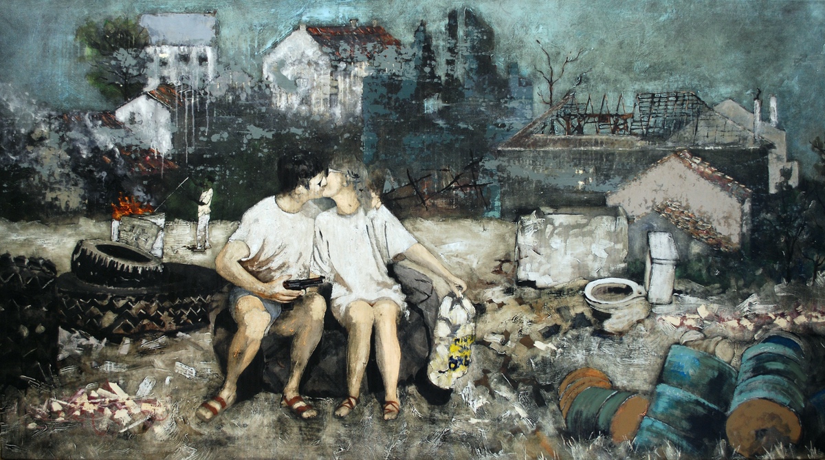 “A Kind of human Trash - just before the Crime”, 2013, 110 x 200 cm. Acrylic and oil on canvas. Partly based on photo by Carsten Frank. (Carsten Frank nr. 1603)