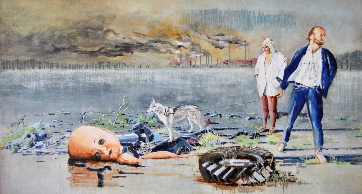 “The Artist, his Wife and the missing Doll”, 2016, 110 x 200 cm.  Akryl på lærred. Partly based on photos by Matthew Stockmann and Thomas T. Jensen. (Carsten Frank nr. 1809)