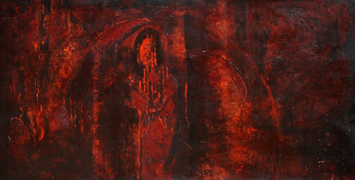 ”Dommedag”, 2010, 46 x 91 cm. Akryl på lærred. (Carsten Frank nr. 1400)