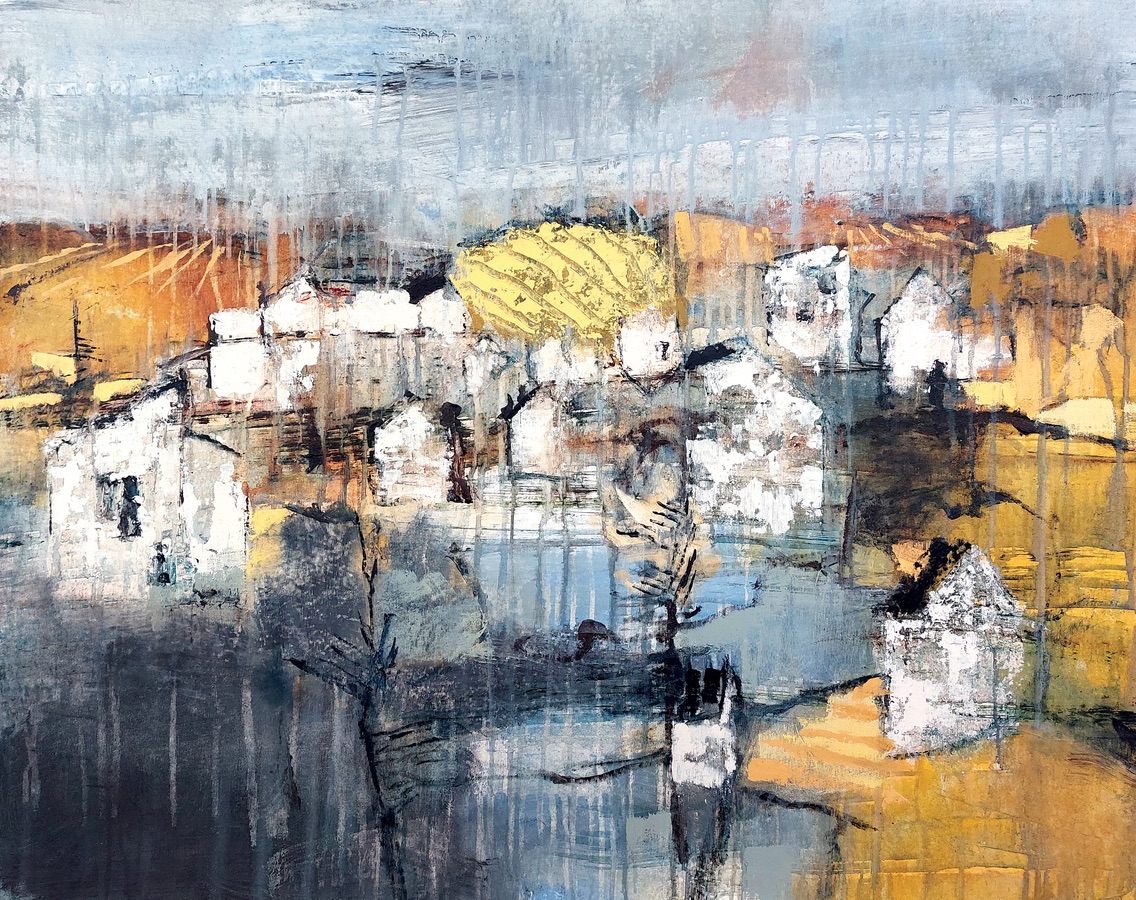 2062: ”Houses around the lake” 70 x 90 cm, 2022. Akryl på lærred. / Acrylic on canvas